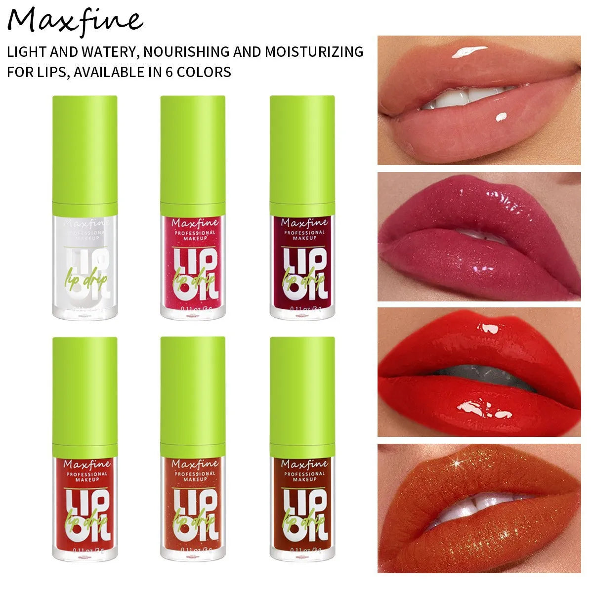Maxfine waterproof lip gloss collection in 6 high-shine shades with a hydrating, smudge-proof, long-lasting finish.