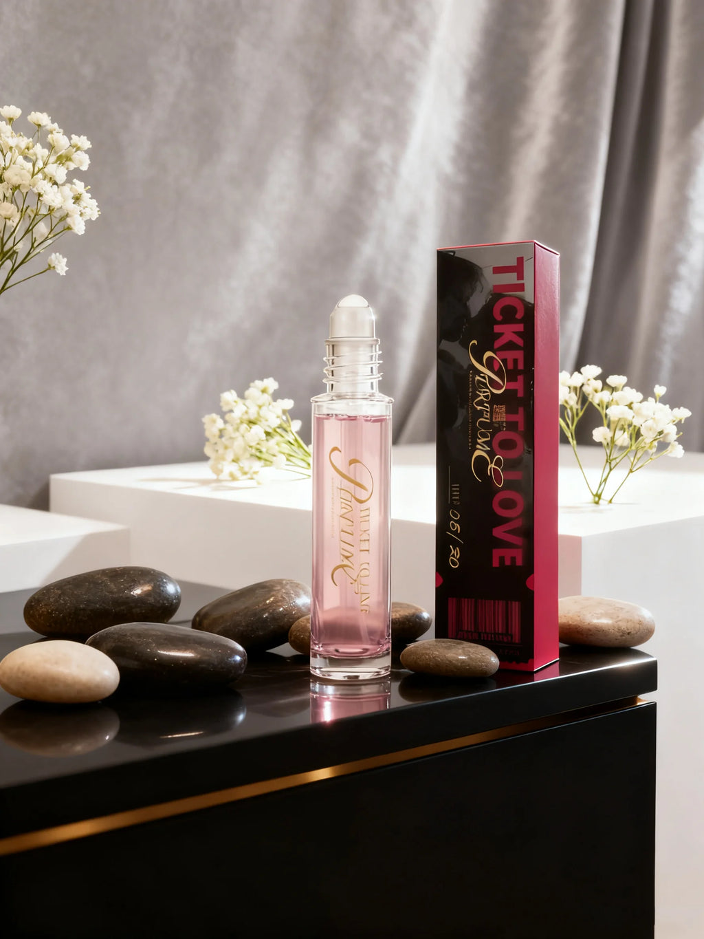 Ticket To Love portable roll-on perfume for women. Long-lasting floral fragrance in a slim glass bottle for dating.