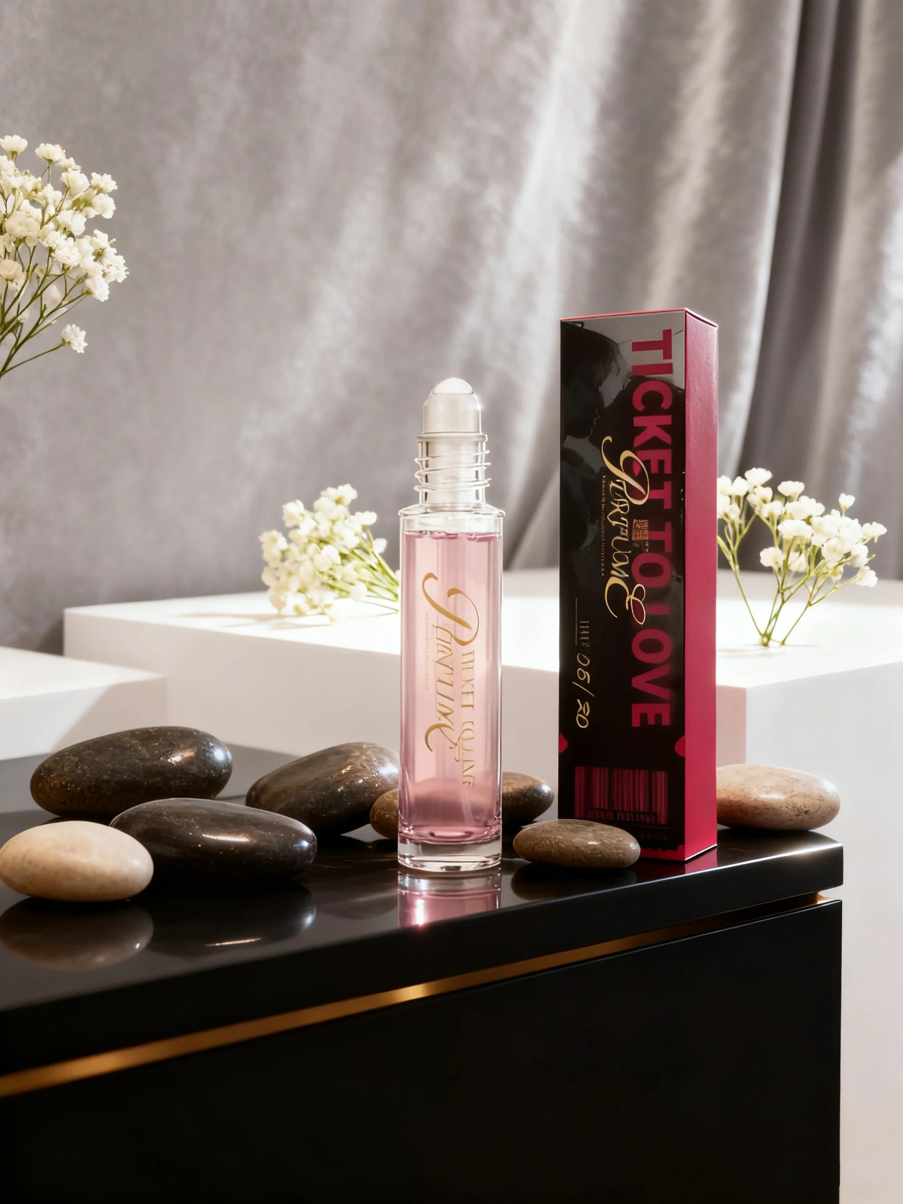 Ticket To Love portable roll-on perfume for women. Long-lasting floral fragrance in a slim glass bottle for dating.