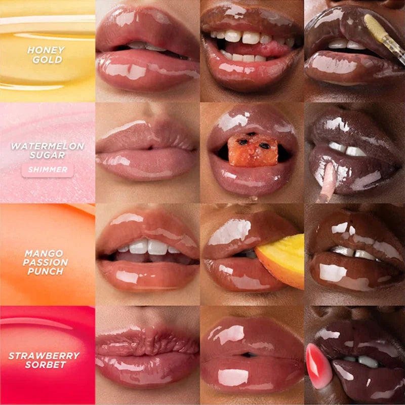 Gisou plumping lip oil gloss in Glazed Plum and assorted shades for high-shine, hydrated, and smooth lips.