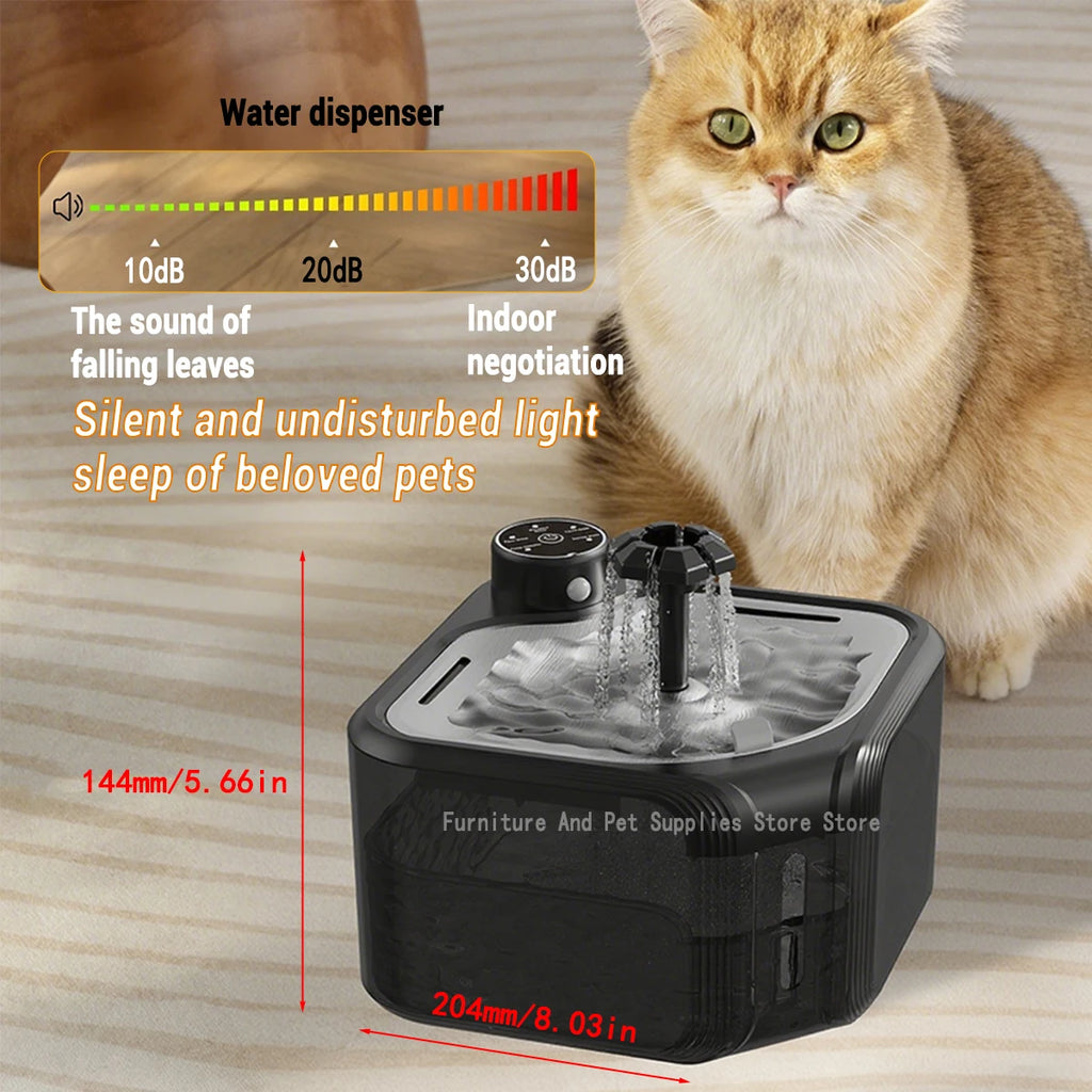 Wireless silent automatic cat water fountain with infrared sensor and 2800ml capacity for fresh pet hydration.