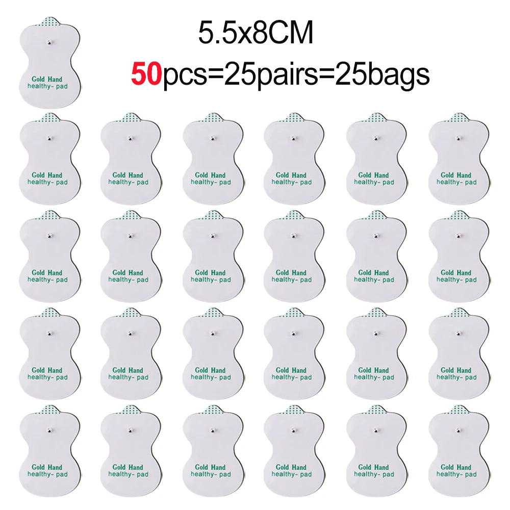 50-pack of 5.5x8cm white TENS unit electrode pads for digital therapy, EMS muscle stimulator, and pain relief massage.
