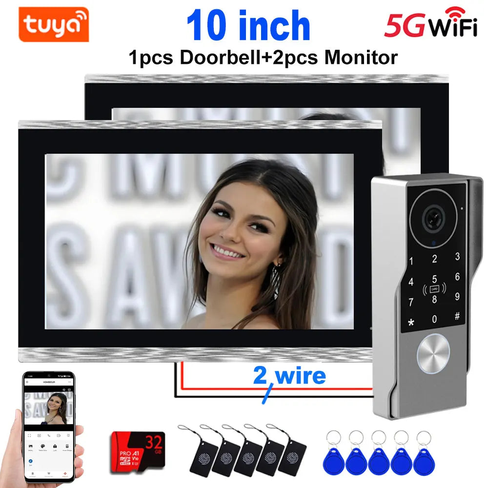 Smart video intercom kit with 10-inch monitor, metal doorbell camera keypad, app access, keys