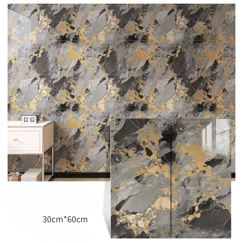 Marble-effect tile wall stickers, gray marble with gold flecks, 30x60 cm