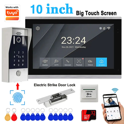 10-inch WiFi video door intercom monitor with door lock, keypad, and blue key fobs
