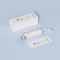 White digital skin and hair scalp detector with 50X/200X HD lens, USB cable, and product box on a blue background.
