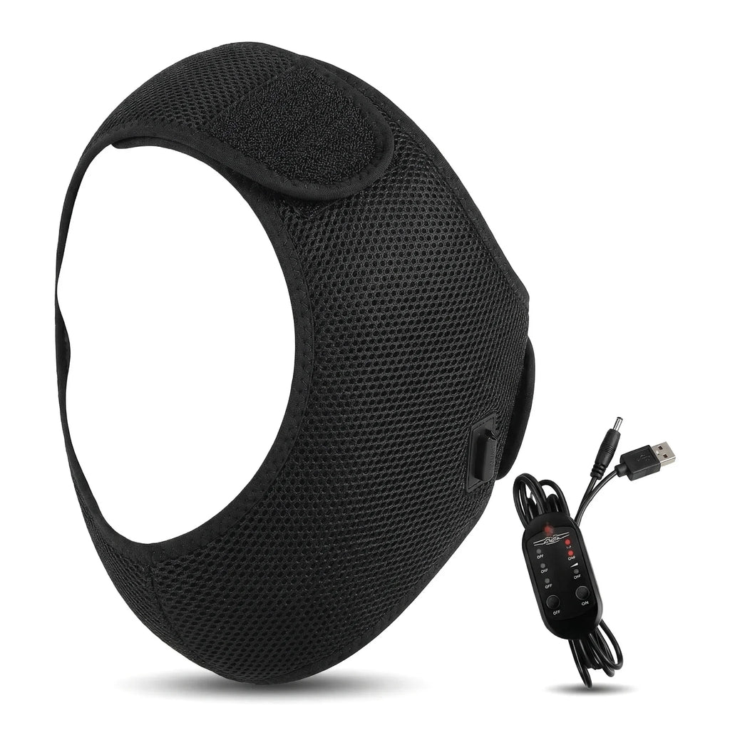 Black mesh face heating wrap for jaw relief with a USB-powered cord and integrated heat/time control remote.