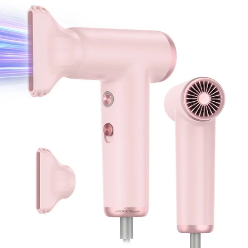 Pink portable high-speed hair dryer with nozzle attachment, 110k RPM brushless motor, and sleek ergonomic design.