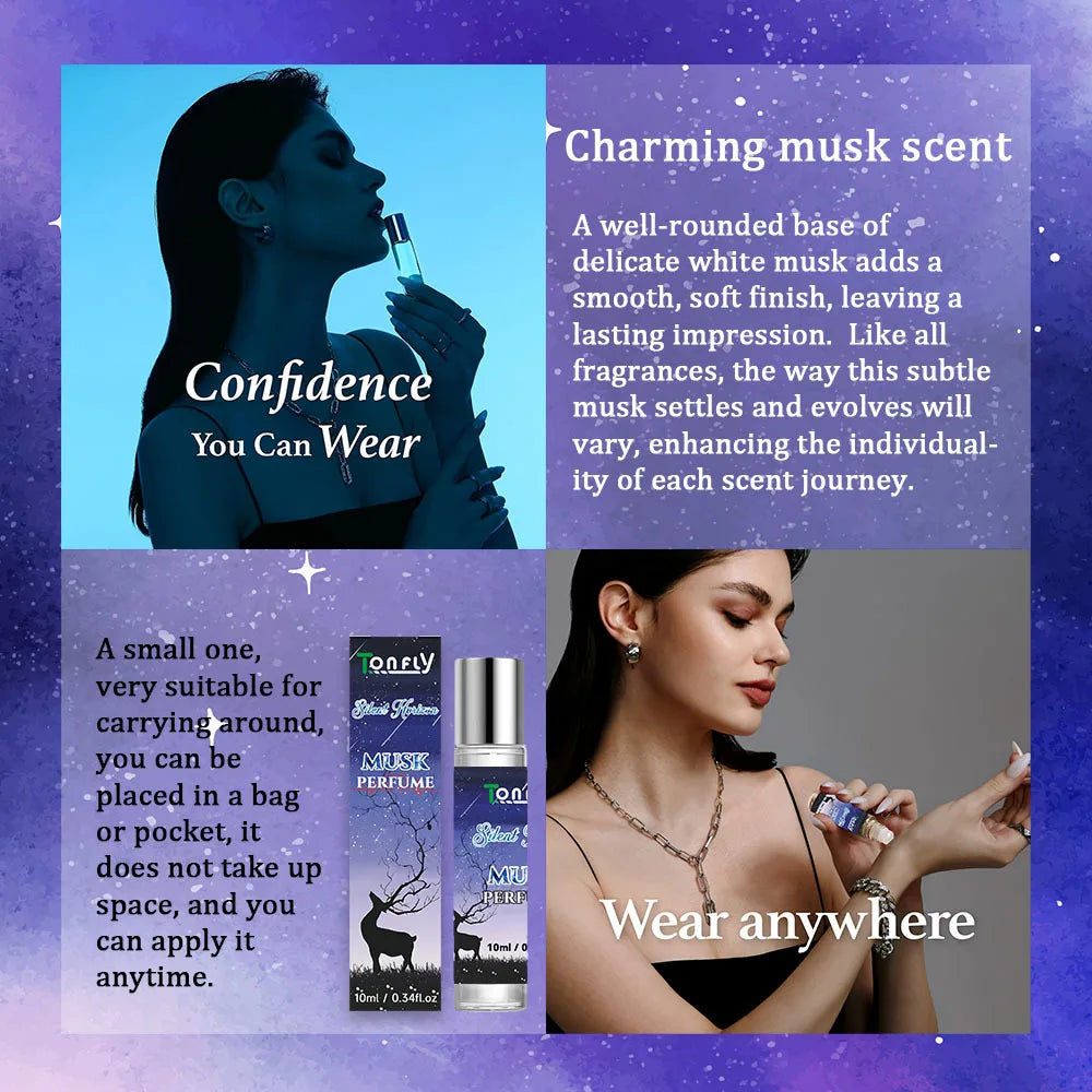 Tonfly Silent Horizon white musk pheromone perfume for women in a portable 10ml travel-sized glass roll-on bottle.