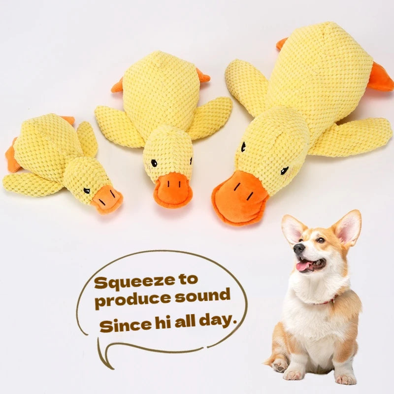 Durable yellow plush duck dog toy for interactive play, teeth cleaning, and boredom relief for small to medium pets.