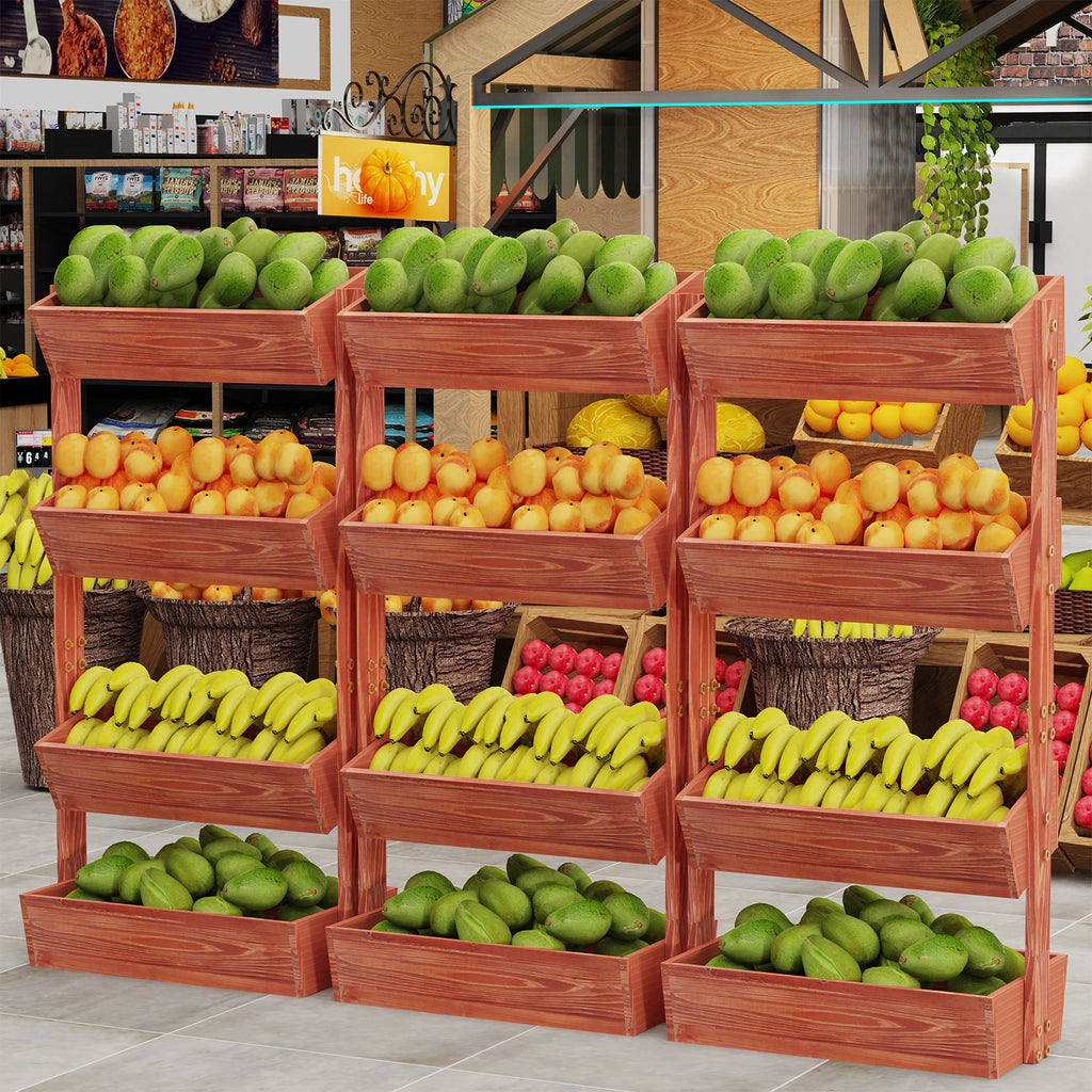 Reddish brown 4-tier vertical raised wooden planter box with stacked produce compartments
