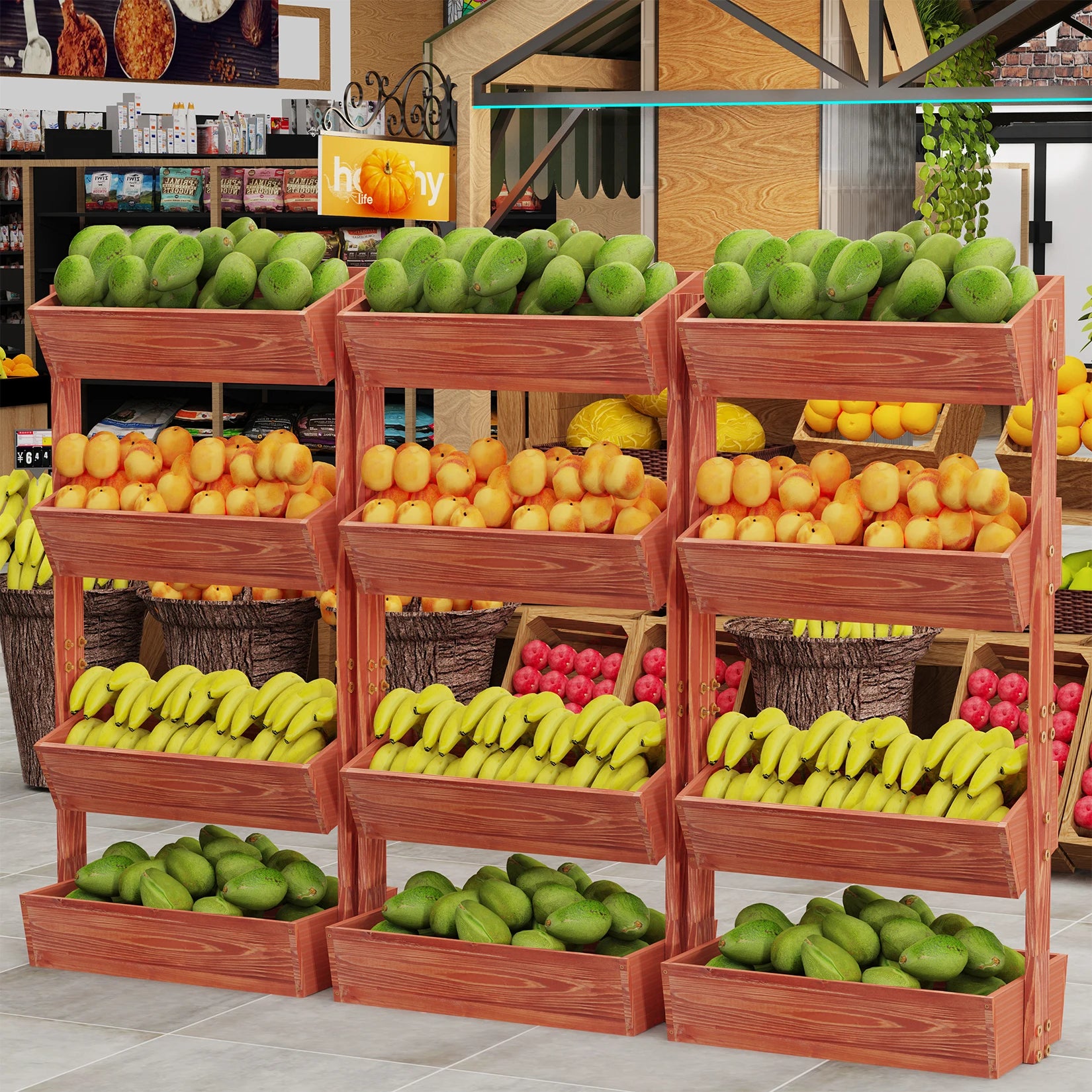 Reddish brown 4-tier vertical raised wooden planter box with stacked produce compartments