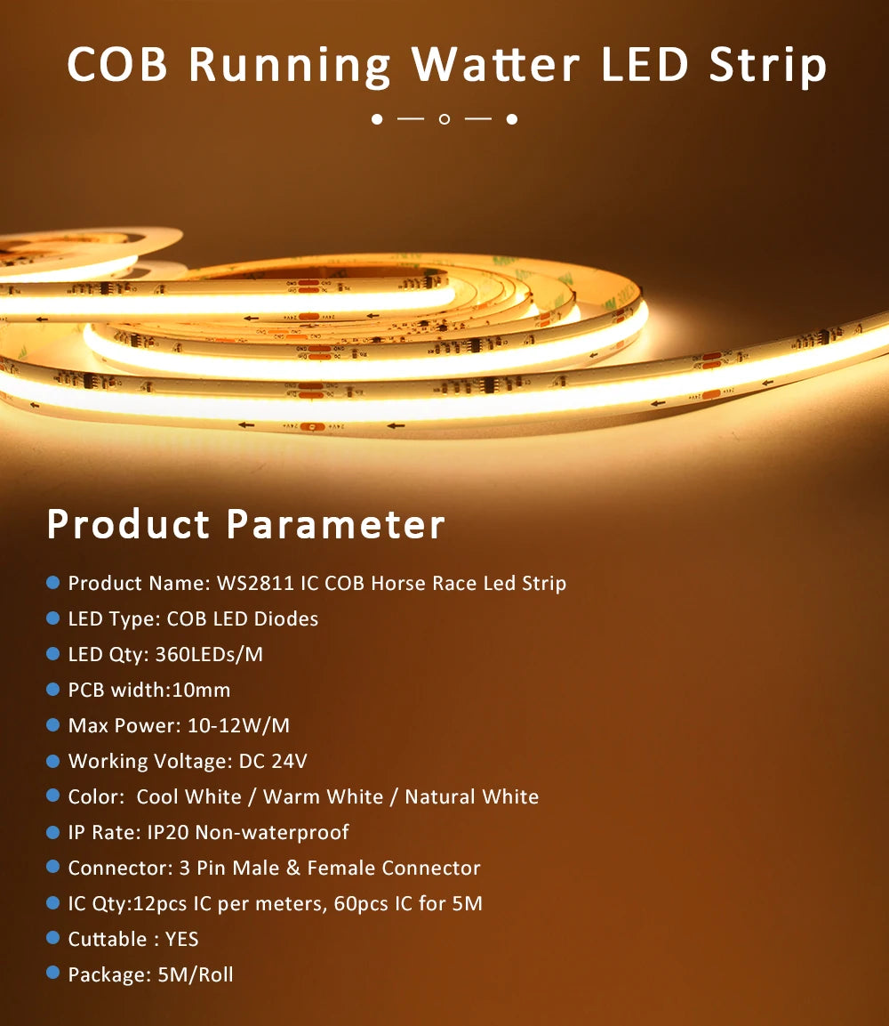 5M 10M 15M WS2811 COB Running Water Strip Light for 24V 400W PIR Motion Sensor LED Stair Controller Staircase Lighting Decor
