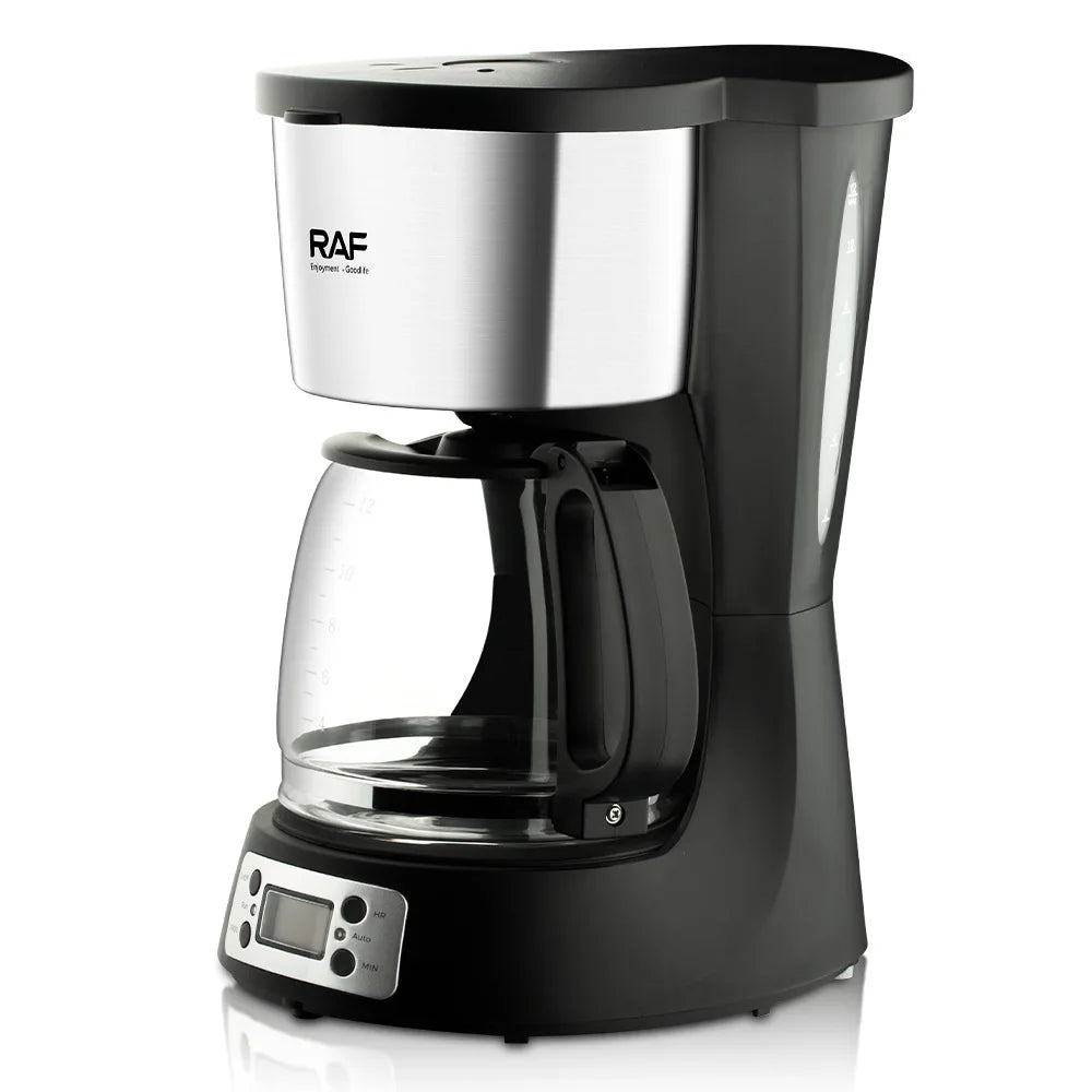 RAF 12-cup digital coffee maker with black and stainless steel finish, glass carafe, and programmable LCD display.