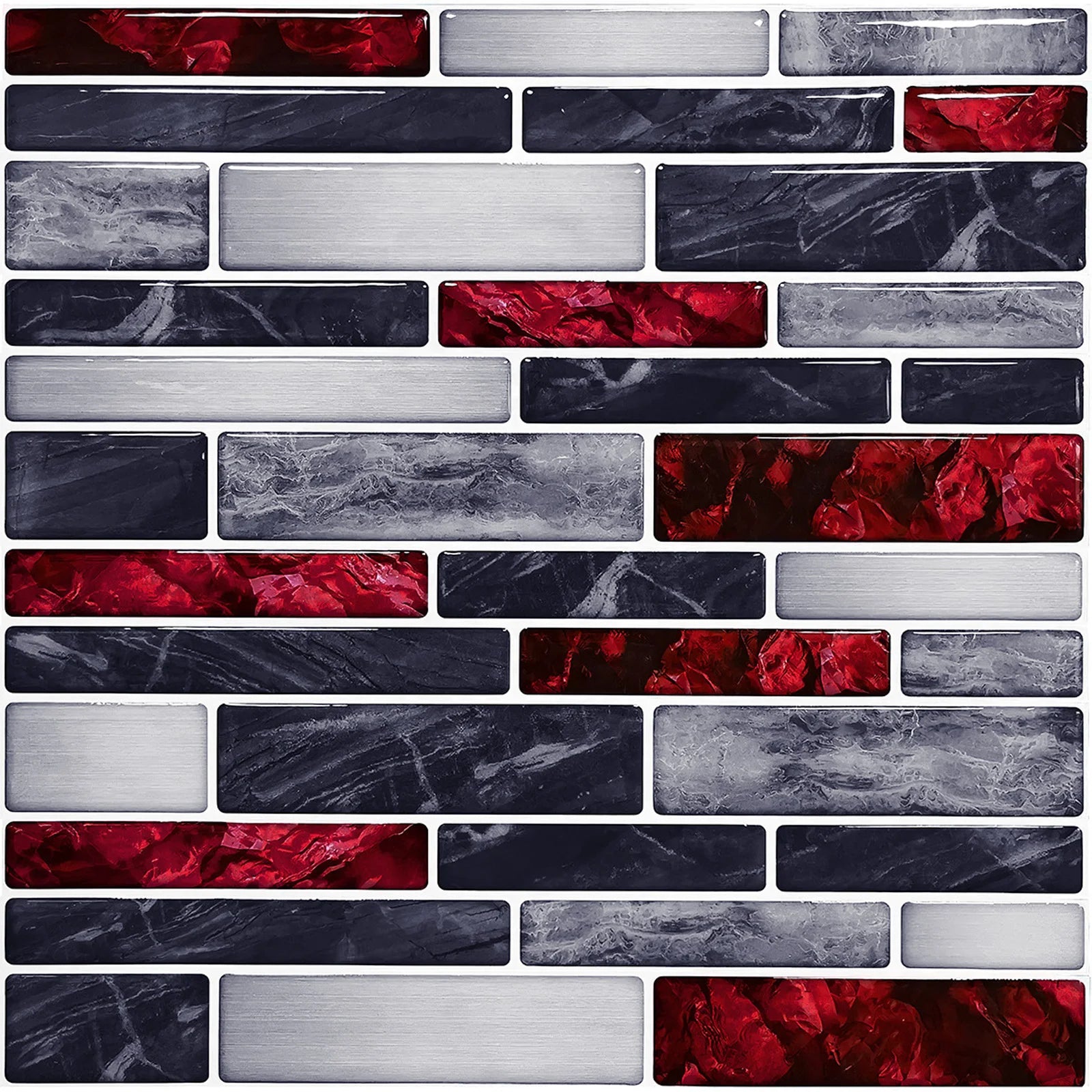 3D mosaic tile sticker set of dark gray, silver, and red brick strips