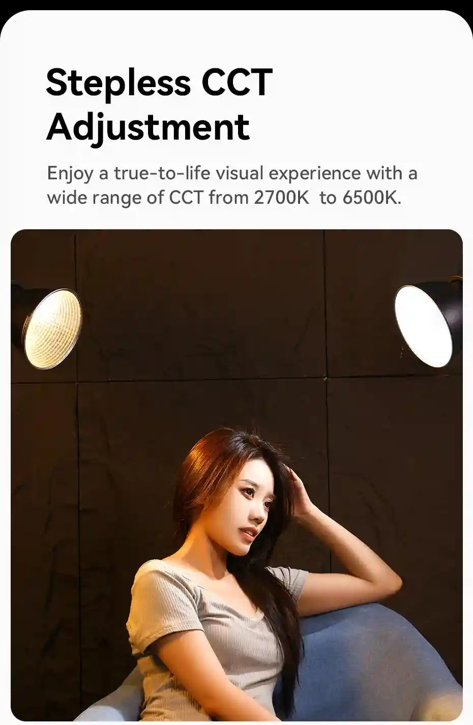 Two black, round photography studio lights providing adjustable warm-to-cool lighting for portrait photography.