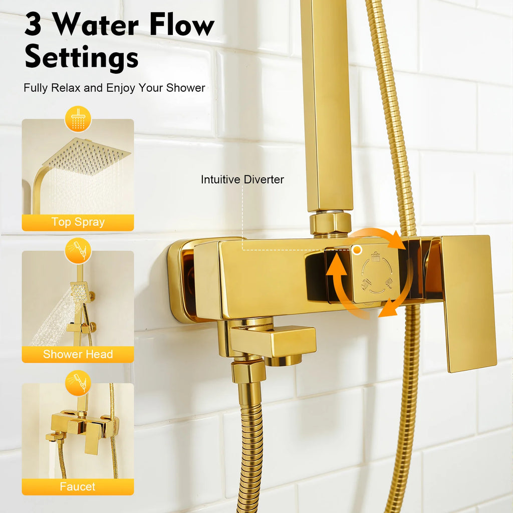 Adjustable Gold Brass Shower Column Set, Rain Shower & Handheld Shower with Stainless Steel Hose, Bathroom Shower Faucet Set