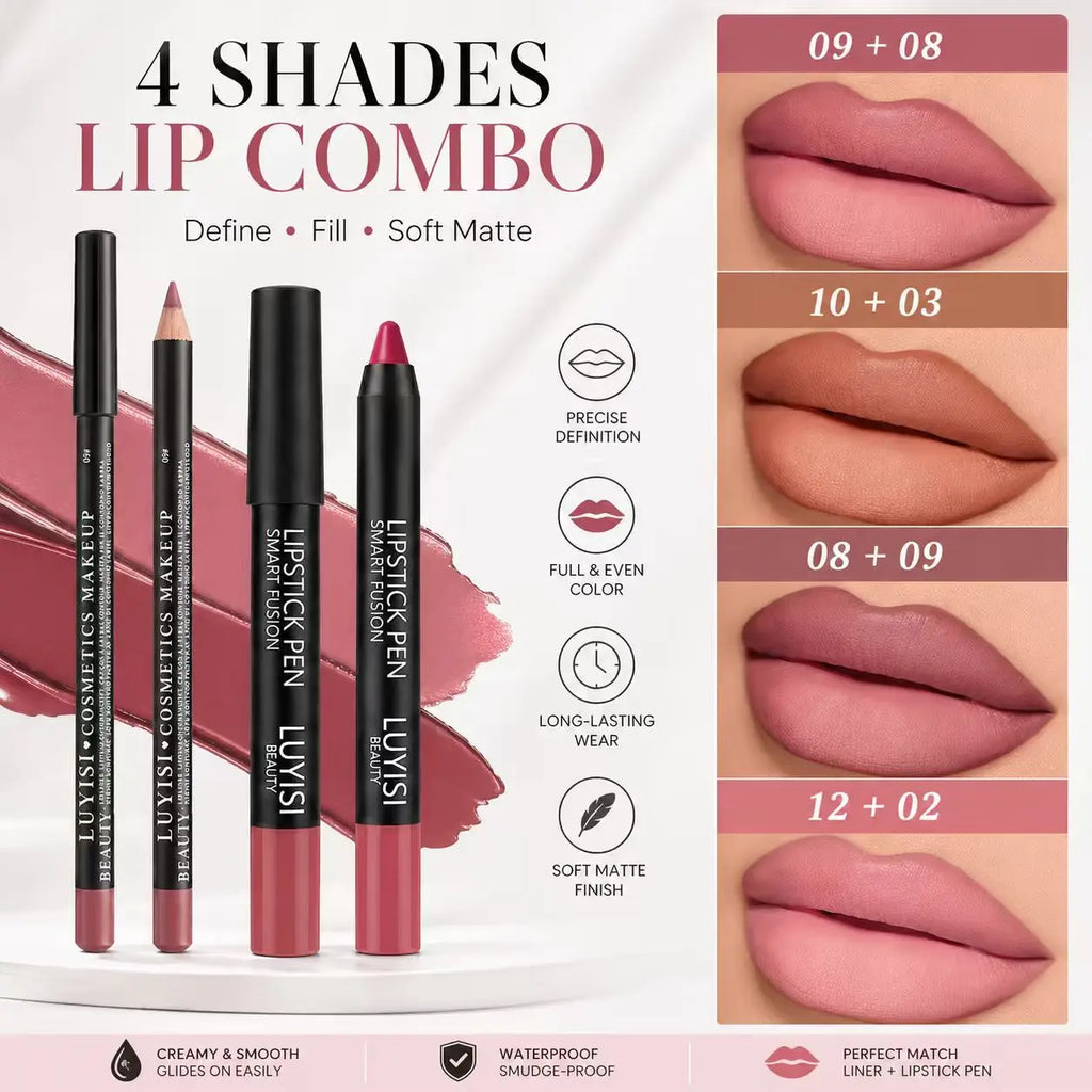 2pc velvet lip set with long-lasting matte lipstick pencil and waterproof lip liner in 4 creamy, soft matte shades.