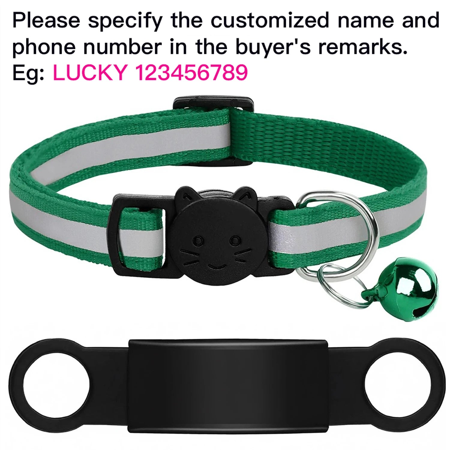 Customized green reflective cat collar with anti-lost engraved ID nameplate and bell for safety.