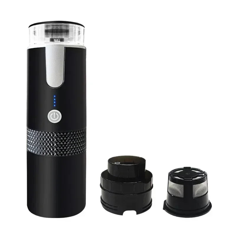 Black portable electric espresso maker with power indicator, textured grip, and removable coffee filter basket.