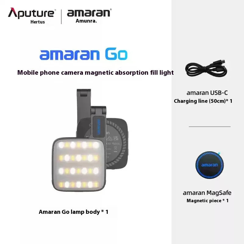 Amaran Go square magnetic LED fill light for mobile phones, includes a USB-C cable and a magnetic attachment disc.
