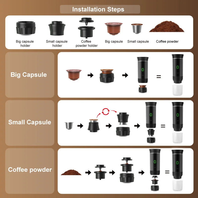 Installation guide for portable black coffee maker showing capsule and ground coffee adapters and assembly steps.