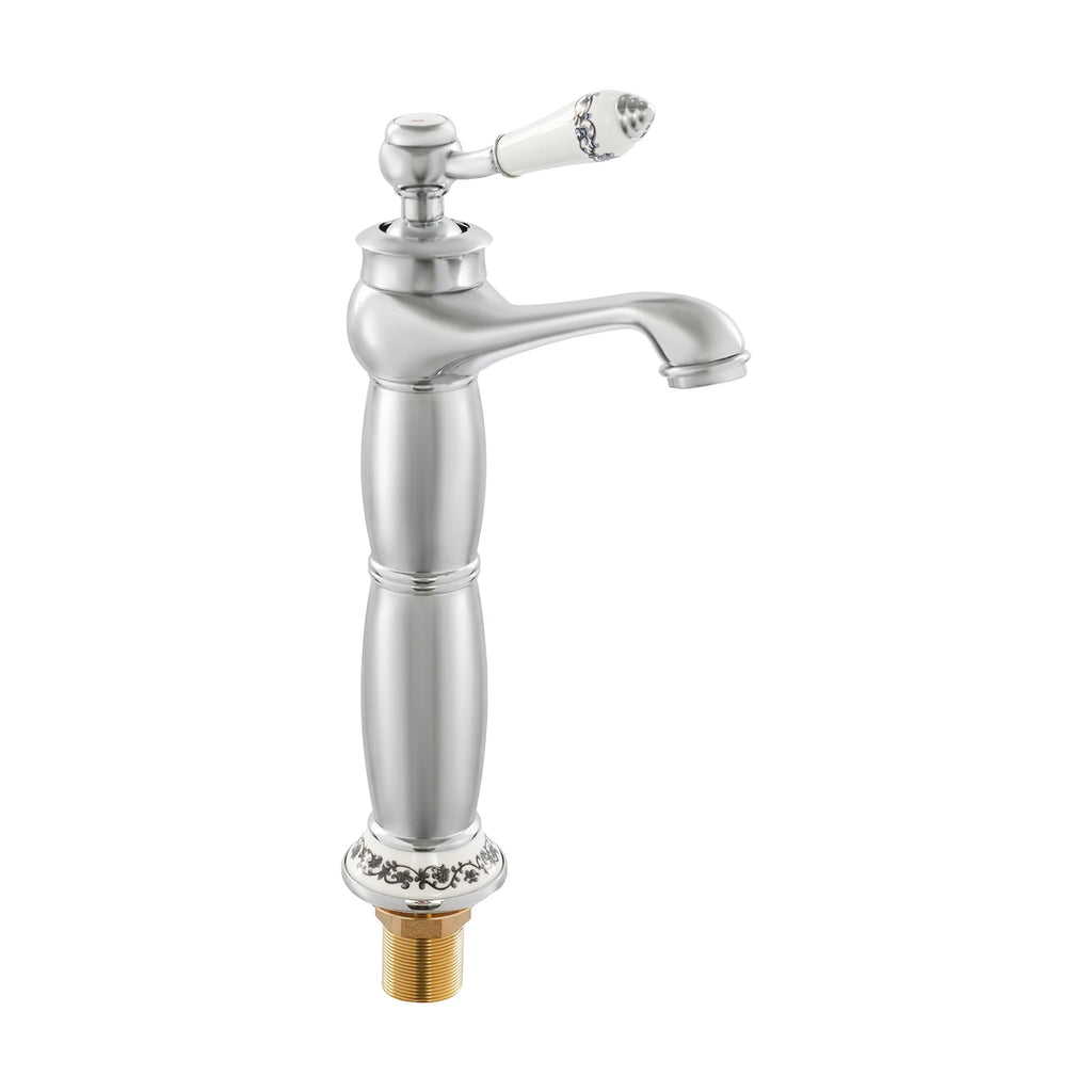 Solid Brass Silver Single-Handle Bathroom Faucet, Chrome-Plated Modern Deck Mount Basin Tap, 0.5-0.7MPa High-Pressure Cold/Hot Water Mixer
