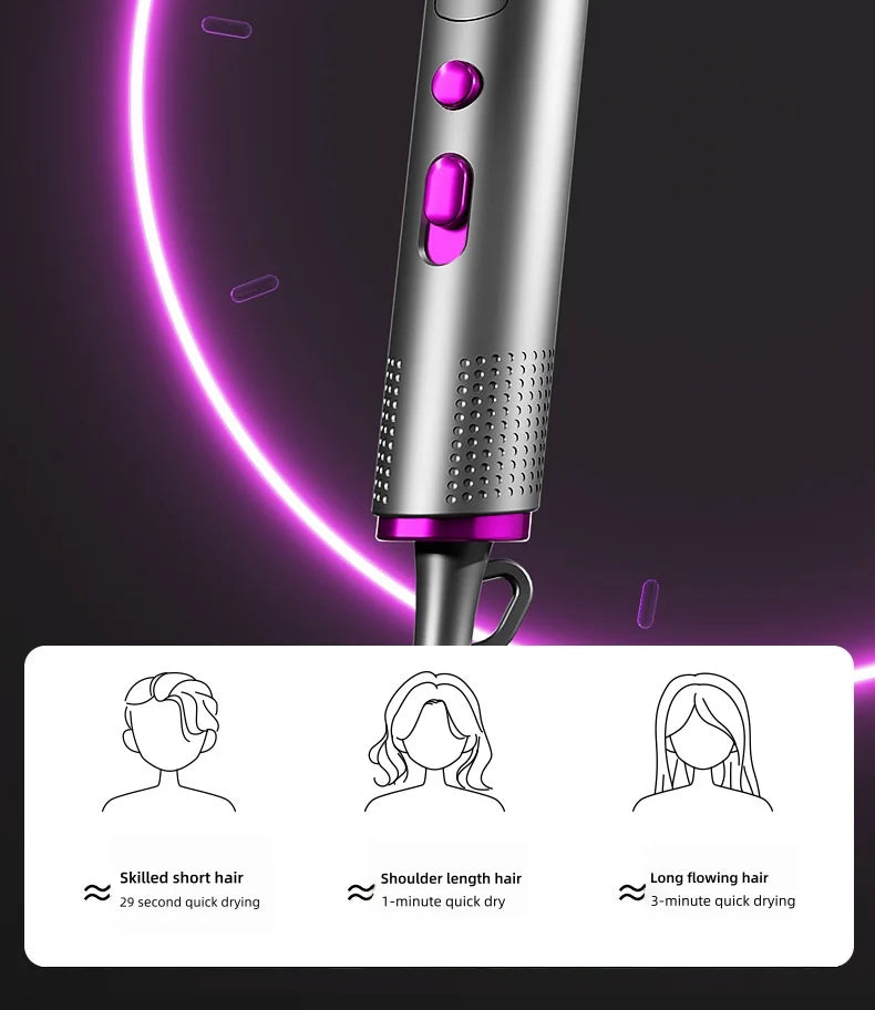 2400W foldable silver hair dryer with purple accents, featuring silent operation and fast-drying settings for all hair.