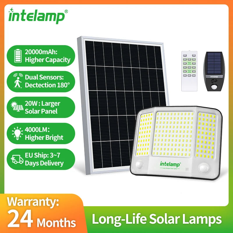 Intelamp 20000mAh Solar Flood Lights Outdoor Super Larger Solar Panel 4000LM Linkable Dual Motion Sensors For Garden Yard Garage