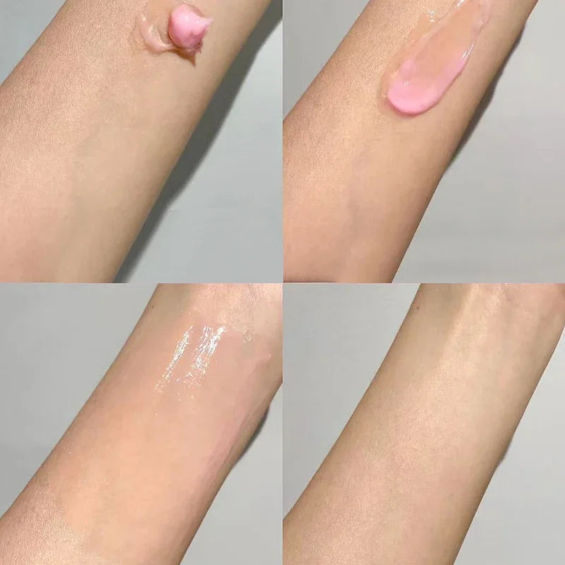 A four-panel progression showing a light pink, lightweight cream being applied and absorbed into forearm skin.