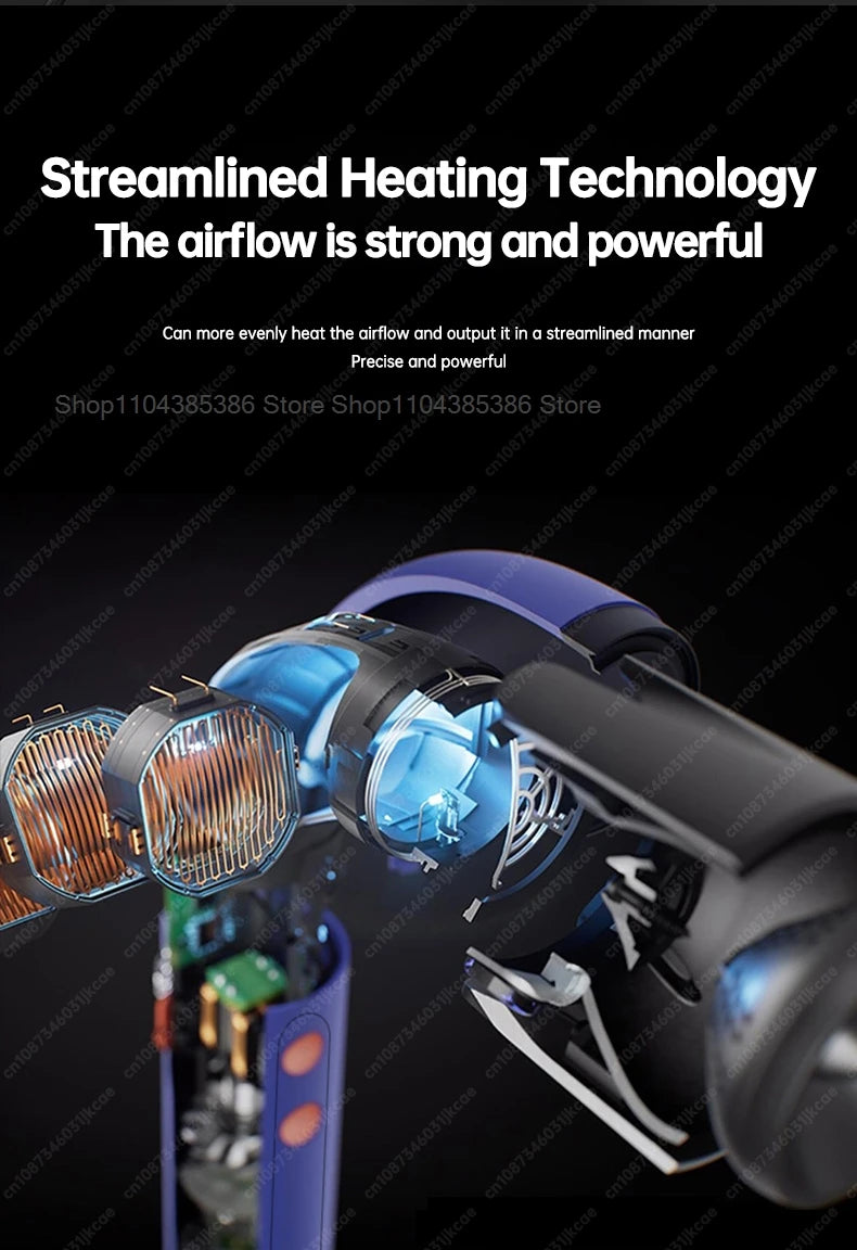 Blue leafless negative ion hair dryer internal components showing powerful heating technology and styling motor design.