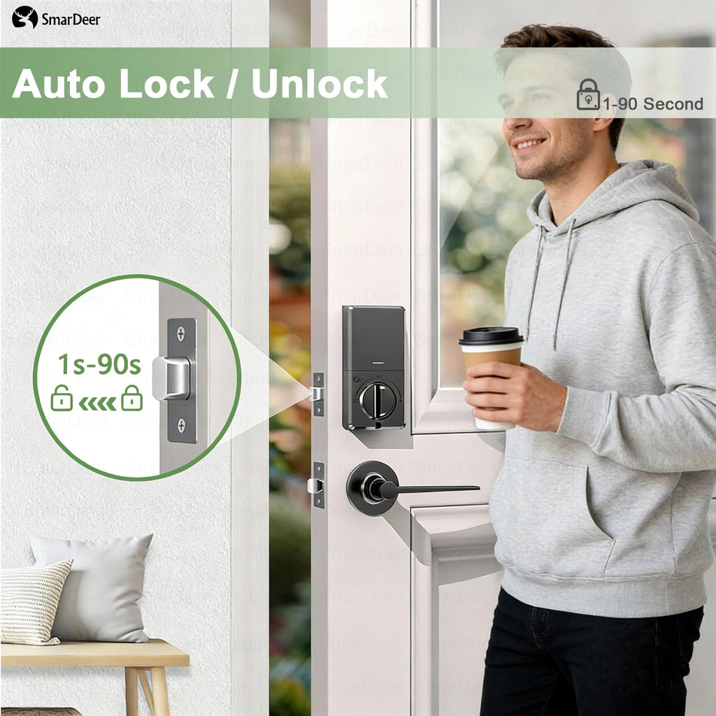 SmarDeer Fingerprint Door Lock, Electronic Keyless Entry Door Knob Lock with Handle, Remote Passcode Generation for Tuya Smart