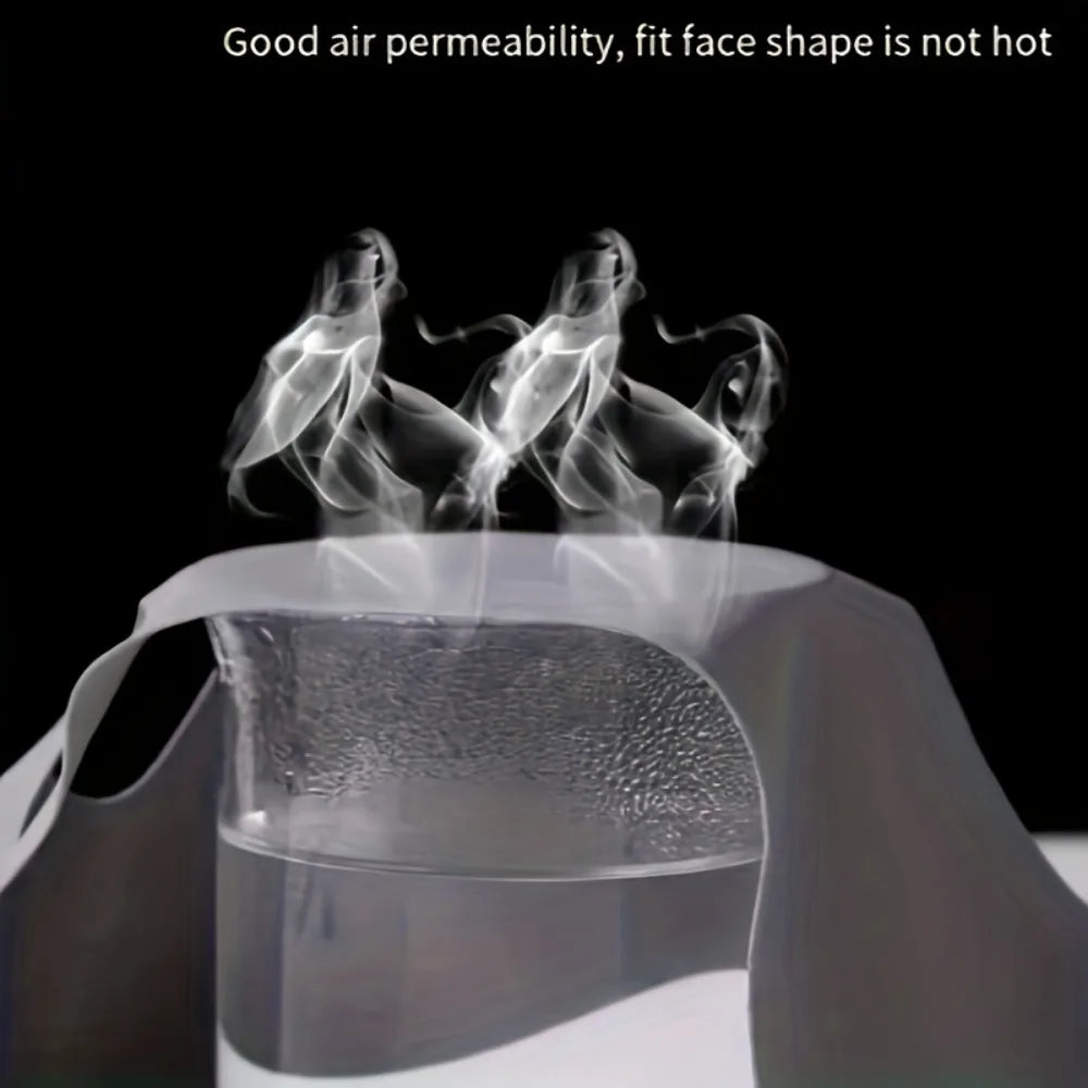 White, breathable face slimming strap material draped over a glass of hot water with visible rising steam.