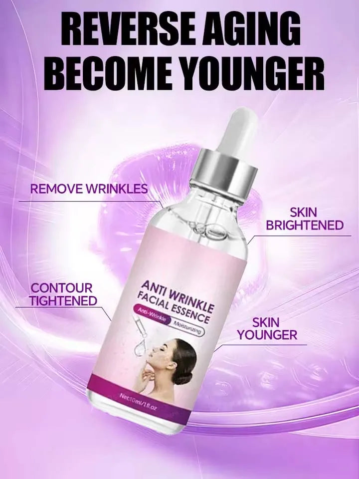 Anti-Wrinkle Facial Essence serum in dropper bottle for skin tightening, firming, and anti-aging hydration.