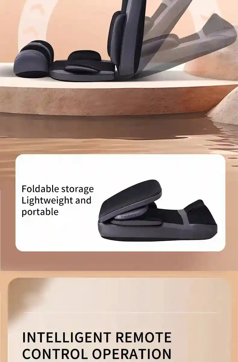 Black and grey foldable massage chair pad shown in two views, one upright and one folded flat for storage.