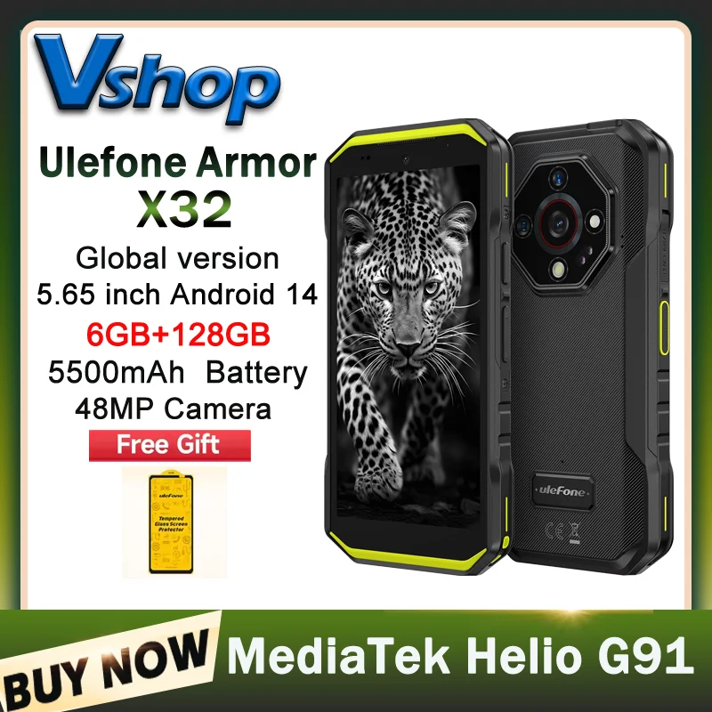 Ulefone Armor X32 Rugged Phone 6GB+128GB Night Vision 5.65 inch Global Version Android 14 MediaTek Helio G91 4G NFC Smartphone