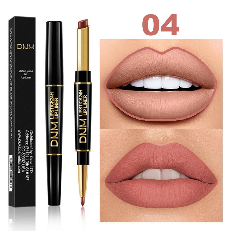 DNM 2-in-1 waterproof matte lipstick and lip liner pencil in shade 04 with a smooth, long-lasting nude finish.
