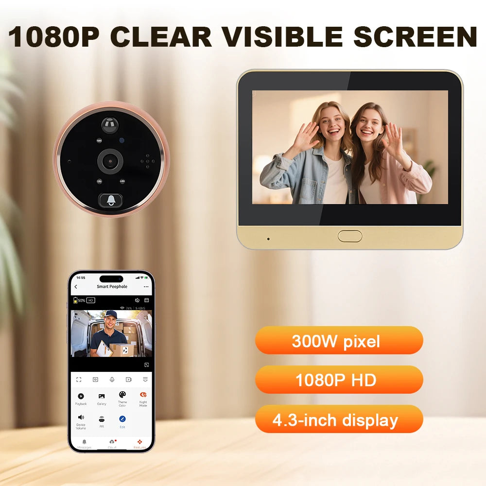 Extractme 4.3 Inch Wifi Smart Doorbell Camera Tuya 1080P Full HD Door Peephole Camera with PIR Detection Doorbell  Видеоглазок