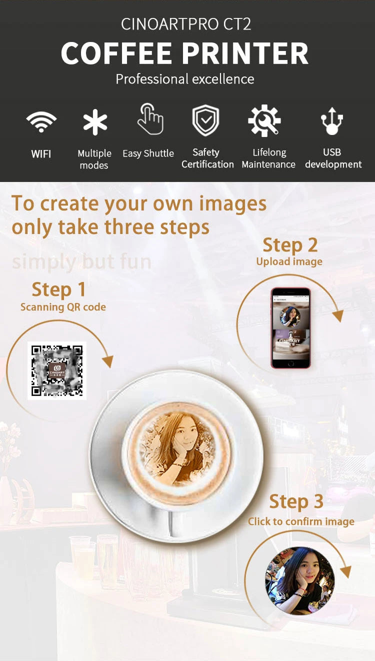 CinoArtPro CT2 coffee printer printing a custom photo onto a cup of latte foam using WiFi and mobile app controls.