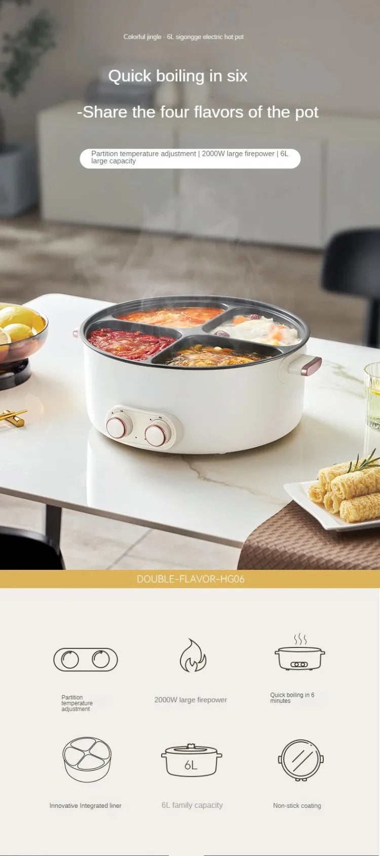 White 4-compartment electric hot pot with product icons for quick boiling and sharing options