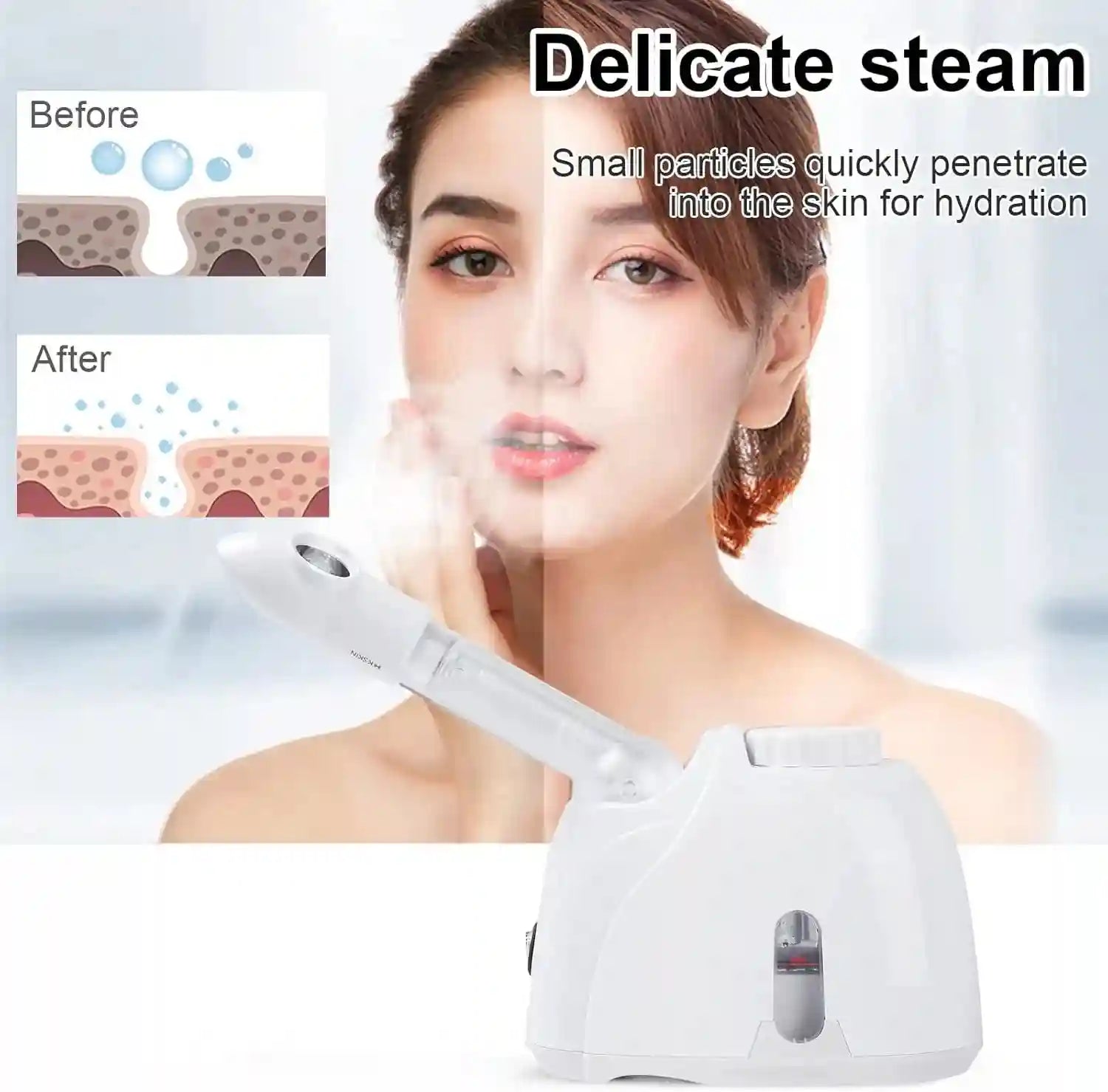 White portable facial steamer with adjustable nozzle for deep pore cleansing, skin hydration, and home spa facial care.