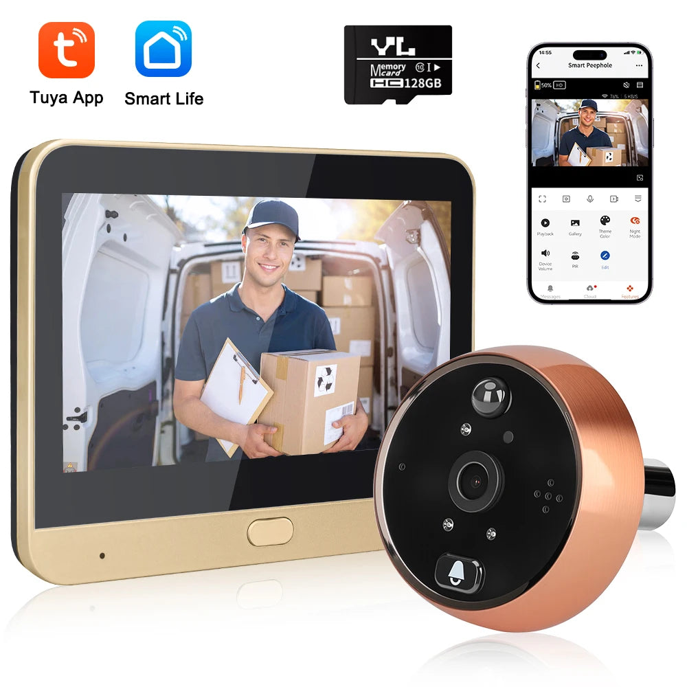 Smart peephole doorbell camera kit with indoor monitor and round camera device