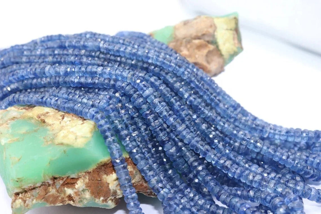 Kyanite rondelle bead strand, faceted blue beads on stone pieces, small drilled holes