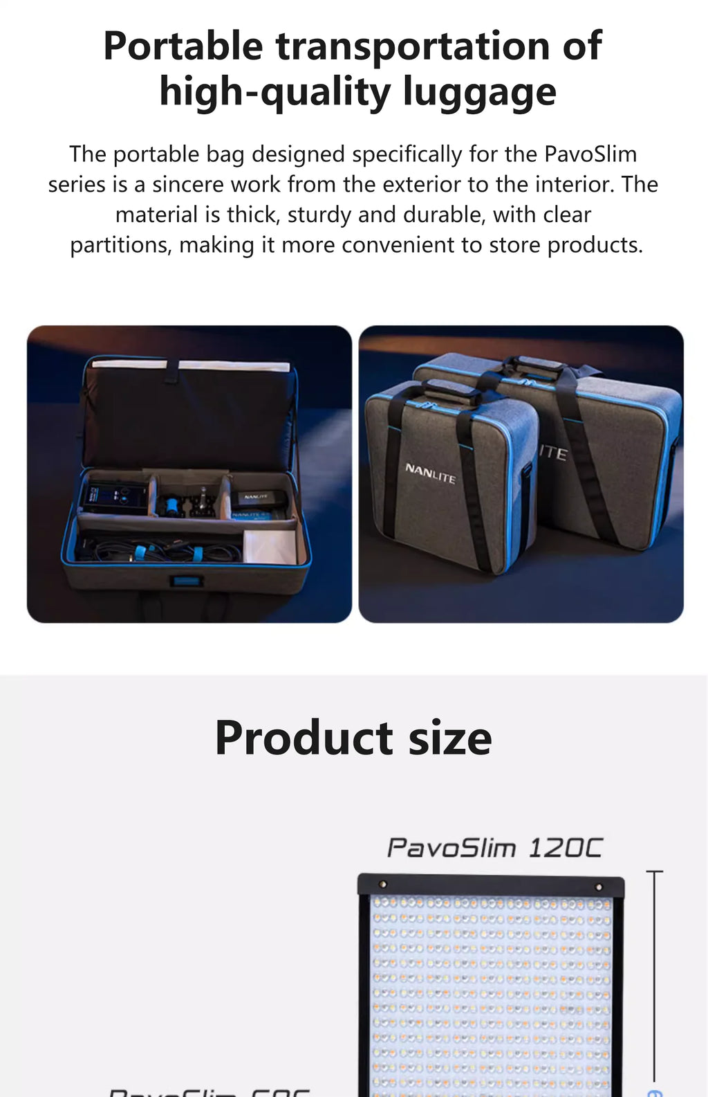 Grey padded rectangular carrying case with blue accents and internal dividers for transporting light equipment.