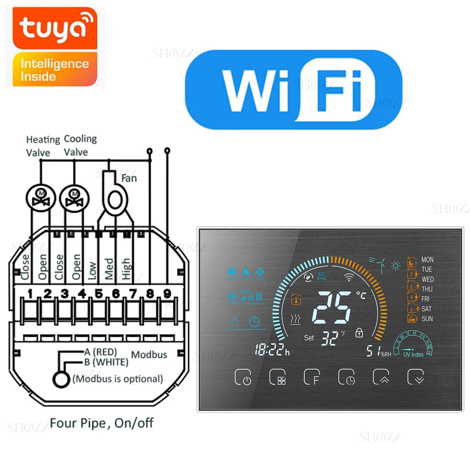 Wifi/RS485/Zigbee Thermostat Air Conditioning 3 Fan Coil Unit Home Cooling/Heating 2/4 Pipe Temperature Controller with Alexa