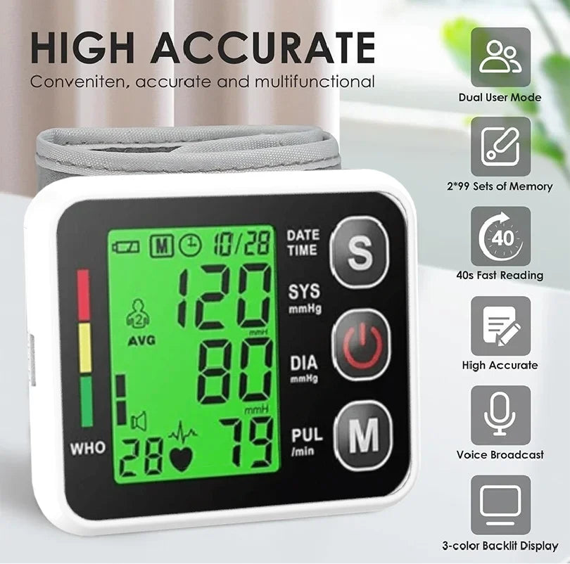 Wrist Digital Blood Pressure Monitor Heart Rate Pulse Meter Measure Sphygmomanometer LCD Screen Portable Health Care Tonometer