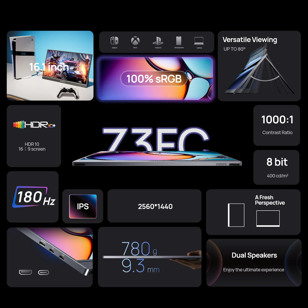 ARZOPA 16.1'' 180Hz 2.5K Portable Monitor, 2560x1440 QHD 107% sRGB, External Second Screen for Laptop, PC, PS5, Mac, Xbox-Z3FC