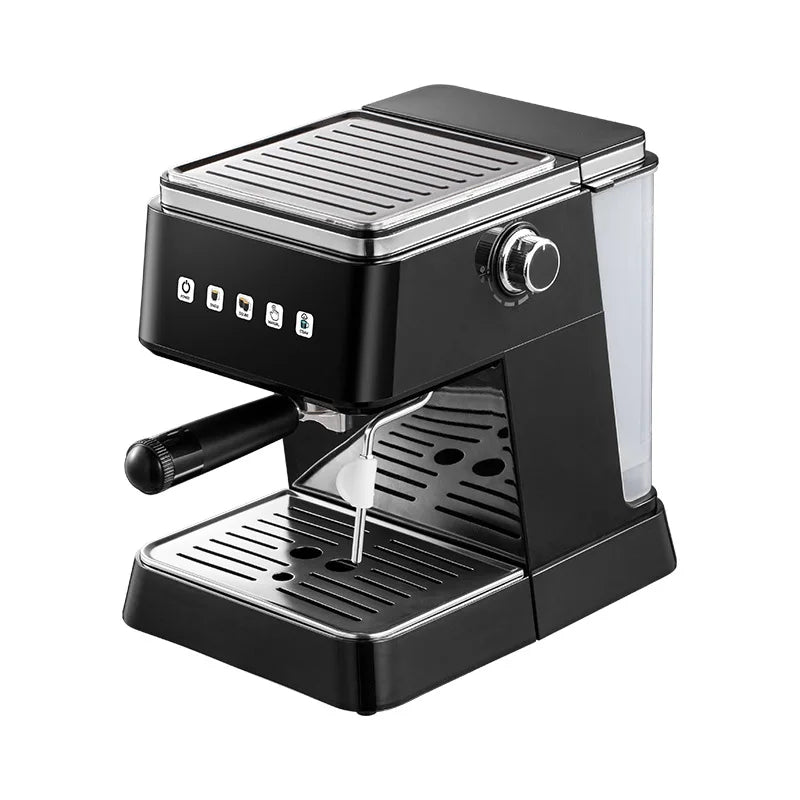 Black compact espresso machine with steam wand, portafilter, and button controls on white background.