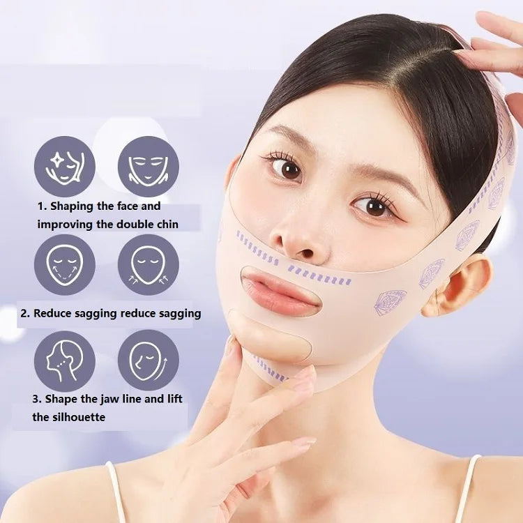 Woman wearing a beige slimming double chin face bandage strap for jawline lifting and facial shaping.