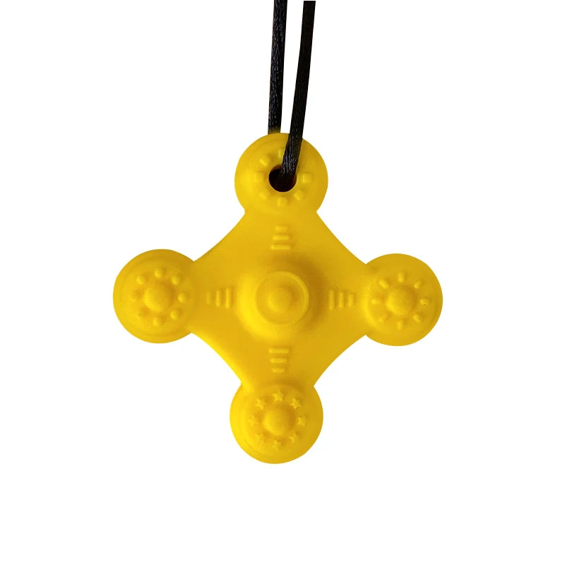 Yellow silicone teething toy for baby teething relief, necklace pendant style.